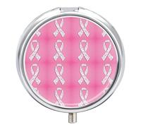 Breast Cancer Awareness with Pink Ribbons Iron Pill Box Case Organizer with Internal Separate Plastic Dividers, Travel Small Medicine Bag Holder Carrier Round Container
