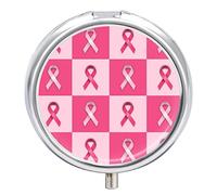 Breast Cancer Awareness with Pink Ribbons Iron Pill Box Case Organizer with Internal Separate Plastic Dividers, Travel Small Medicine Bag Holder Carrier Round Container