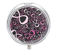 Breast Cancer Awareness with Pink Ribbons Iron Pill Box Case Organizer with Internal Separate Plastic Dividers, Travel Small Medicine Bag Holder Carrier Round Container