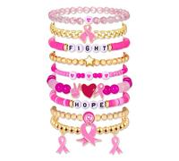 Breast Cancer Bracelets Awareness for Women Pink Ribbon Stretch Bracelets Pink Beaded Bracelets Bangle Breast Cancer Survivor Support Accessories Jewelry Gifts, L, beads, no gemstone