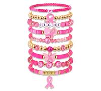 Breast Cancer Bracelets Awareness for Women Pink Ribbon Stretch Bracelets Pink Beaded Bracelets Bangle Breast Cancer Survivor Support Accessories Jewelry Gifts, L, beads, no gemstone