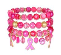 Breast Cancer Bracelets Awareness for Women Pink Ribbon Stretch Bracelets Pink Beaded Bracelets Bangle Breast Cancer Survivor Support Accessories Jewelry Gifts, L, beads, no gemstone
