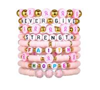 Breast Cancer Clay Stackable Bracelets Set Colorful Pink Ribbon Cancer Inspirational Awareness Bracelet Hope Faith Strength Courage Wristbands for Women Comfort Encouragement Jewelry Gifts, M