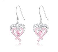 Breast Cancer Earrings 925 Sterling Silver Heart Pink Ribbon Dangle Drop Earrings Breast Cancer Survivor Jewelry Breast Cancer Awareness Gifts for Women Girls
