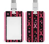 Breast Cancer Fight Ribbon Awareness Badge Holder Personalized ID Name Tag Vertical Work Badge Clip with Lanyard for Women Men