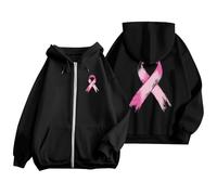 Breast Cancer Hoodie Pink Ribbon Print, Women's Zip Up with Heart Motif, Lightweight Fleece Lined, Awareness Month Essential