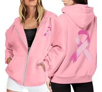 Breast Cancer Hoodie Pink Ribbon Print, Women's Zip Up with Heart Motif, Lightweight Fleece Lined, Awareness Month Essential