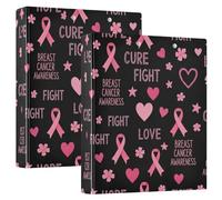 Breast Cancer Pink Ribbons Black 1-1/2 Inch Binders 3 Ring Round Ring Binder with 3 Interior Pockets Basic Binder Organizer for School Office Home, 2 Pack