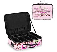 Breast Cancer Ribbon Words Support Love Hope Strength in Pink Style Women's Portable Makeup Bag with Handle, Cosmetic Bag, Adjustable Dividers, Travel Cosmetic Toiletry Storage Organizer for women