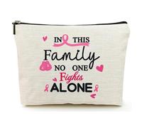 Breast Cancer Survivor Gifts for Women, Washed Double-sided Printied Waterproof Linen Makeup Cosmetic Bag, Beige, In This Family No One Fights Alone