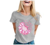 Breast Cancer T Shirts Women Heart Pink Ribbon Tshirt Support Cancer T-Shirt Women Short Sleeve Tops Bats T Shirt Cute Summer Pink Shirts Ladies Funny Treatment Gift (Grey,XL)