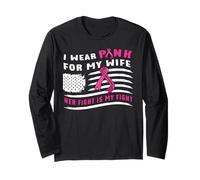 Breast Cancer Wife Wear Pink Ribbon Fight US Flag Awareness Long Sleeve T-Shirt