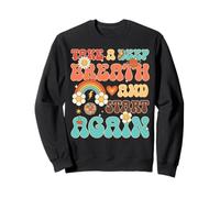 Breath Start Again Retro Groovy Flower Rainbow Inspirational Sweatshirt