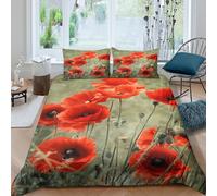 Breathable 3D Microfiber Red poppies field Duvet Cover Set Soft Bedding Set with Pillow Cases Nature photography Comforter Cover All Season Easy Care, Washable for Kids Teens Adults Double（200x200cm）