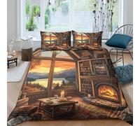Breathable 3D Print Microfiber Cozy Cabin Interior Duvet Cover All Season Soft Bedding Set w/ Pillowcases Autumn Sunset Scene Quilt Cover Set Easy Care, Washable for Kids Boys Girls Single（135x200cm）