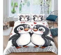 Breathable 3D Print Microfiber Cute penguin couple Comforter Cover All Season Bedding Sets w/ Matching Pillowcase Cartoon love illust Quilt Cover Easy Care Breathable Teens Adults (140x200cm)