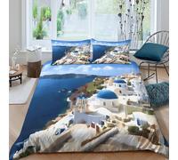 Breathable 3D Print Microfiber Santorini view Quilt Cover Easy Care Bedding Set w/Pillow Shams Mediterranean coastal art Comforter Cover All Season Washable for Kids Teens Adults Single（135x200cm）