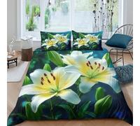 Breathable 3D Print Microfiber White lily flowers Duvet Cover All Season Soft Bedding Set w/Pillowcases Botanical garden art Quilt Cover Set Easy Care, Washable for Kids Boys Girls Single（135x200cm）
