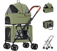 Breathable Doublelayer Travel Carrier Foldable Pet Pram Stroller 4 Wheels Pet Large Dog Stroller Detachable Cage Pet Trolley Cat Dog Strollers (Color : Green)