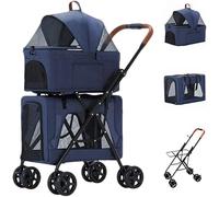 Breathable Doublelayer Travel Carrier Foldable Pet Pram Stroller 4 Wheels Pet Large Dog Stroller Detachable Cage Pet Trolley Cat Dog Strollers (Color : Blue)