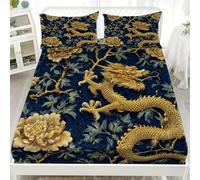 Breathable Fitted Sheet 4ft Small Double 48x75 inch Deep Pockets 12 inch Chinese Dragon And Floral Patterns Soft Microfibre Bedding Set Dark Blue Fitted bed Sheet for Children Adults Bedroom