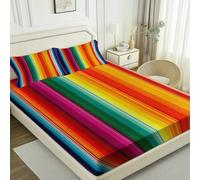 Breathable Fitted Sheet, Simple Rainbow Stripes Printed Fade Resistant Microfiber Bedding with 2 Pillowcase, Colorful Soft Super King Size Fitted bed Sheets 180 x 200 cm with Deep Pocket 30cm