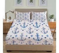 Breathable Hypoallergenic Fitted Sheet Double 54x75 inch Deep Pockets 12 inch Nautical Anchor Print Ultra Soft Microfibre Bedding Set Blue And White Fitted bed Sheet for Children Adults Bedroom