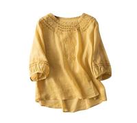 Breathable Linen Shirt Tunic Top for Women - Summer Short Sleeve Boho Blouse, Casual Loose Tee Shirt with Flowy Hem, Lightweight Beachwear Yellow