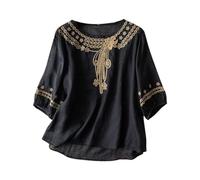 Breathable Linen Shirt Tunic Top for Women - Summer Short Sleeve Boho Blouse, Casual Loose Tee Shirt with Flowy Hem, Lightweight Beachwear Black