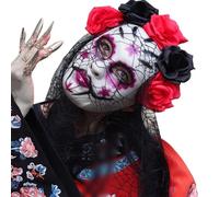 Breathable Mask for Parties Day of the Dead Costume Set, Include Skeleton Stocking Long Arm Gloves and Mexican Flower Headband, Halloween Day of the Dead Accessories Headband (Purple, 24cm)