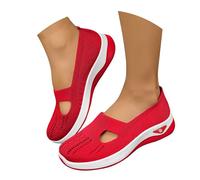 Breathable Mesh Slip-On Trainers Womens Comfortable Walking Sneakers Lightweight Memory Foam Wedge Heel Arch Support Non-Slip Flexible Sole Casual Sports Fitness Footwear Red