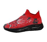 Breathable Mesh Slip On Walking Shoes Fashion Floral Print Lightweight Comfortable Athletic Casual Sneakers for Ladies Clean Lines, Quiet Motion Red