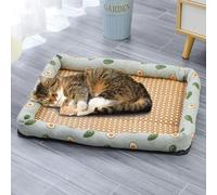 Breathable Rattan Cooling Pet Bed, Pets Ice Pad Rattan Mat Nest,Summer Pet Woven Breathable Square Mat Sleeping Pad With Pillow, Ice Woven Cooling Bed for Cats Dogs (C,90 * 70cm)