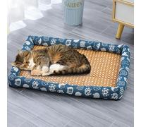 Breathable Rattan Cooling Pet Bed, Pets Ice Pad Rattan Mat Nest,Summer Pet Woven Breathable Square Mat Sleeping Pad With Pillow, Ice Woven Cooling Bed for Cats Dogs (A,70 * 55cm)