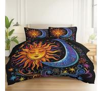 Breathable Soft Brushed Microfiber Bedding Set Double, Psychedelic Celestial Bodies Sun Moon Pattern, Luxury Reversible Cover with 2 Pillowcases 50x75cm, Black