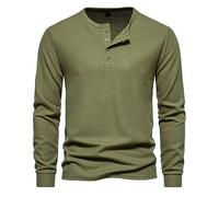 Breathable T Shirts for Men Solid Color Waffle Pullovers Crew Neck T-Shirt Quater Button Jumpers Long Sleeve Shirts Ribbed Cuff Blouse Top Autumn Thin Outdoor Casual Loose Fit Tops Army Green