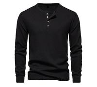 Breathable T Shirts for Men Solid Color Waffle Pullovers Crew Neck T-Shirt Quater Button Jumpers Long Sleeve Shirts Ribbed Cuff Blouse Top Autumn Thin Outdoor Casual Loose Fit Tops Black
