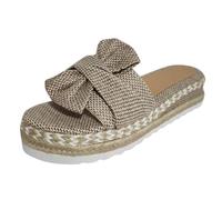 Breathable Toe Women's Weave Flat Beach Shoes Open Slip-on Sandals with Bow for Casual Fashion, khaki, 4 UK