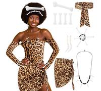 Breathffy 10 Pcs Halloween Caveman Costume Set Leopard Headband Sarong Wrap Skirt Jungle Bone Necklace Caveman Tooth Bone Bracelet Stone Era Teeth Earrings Hair Clips for Halloween Cavewoman Cosplay