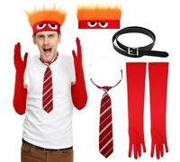 Breathffy 4 Pcs Halloween Anger Costume Includes with Flame Hairy Headband Stripe Tie Black Belt and Red Gloves Angry Dress up Halloween Cosplay Outfits for Men Adult Party Supplies