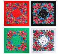 Breathffy - 4 Pieces Ethnic Russian Square Hair Scarf, Polyester Flower Print Head Scarves, Square Scarf for Women