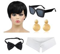 Breathffy 5 Pcs Halloween Cosplay Costumes Set for Women, Square Sunglasses Wig Gold Dangle Earrings Bow Tie and Fake Collar