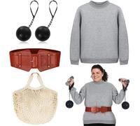 Breathffy 5 Pcs Halloween Strict Miss Headmaster Costume Sets, Adult 1970s Vintage Grey Headmistress with Brown Weight Lifting Belt, Grey Hoodie, Hammer Throw Props and Mesh Bag for Women Cosplay