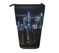 BREAUX Aerial Night of View Hong Kong print Telescopic pencil case, fit for multi-functional pencil makeup bag storage bag and wallet, Black, One Size, Fashion