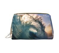 BREAUX Beautiful Ocean Waves Print Leather Portable Cosmetic Bag, Portable Cosmetic Clutch Bag, Leather Cosmetic Bag (Small), White, One Size