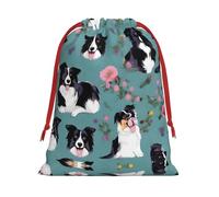BREAUX Border Collie Florals Print Drawstring Present Bag Wrapping Reusable Bag Present Wrap Bags for Christmas