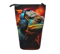BREAUX Chameleon listen music print Telescopic pencil case, fit for multi-functional pencil makeup bag storage bag and wallet, Black, One Size, Fashion