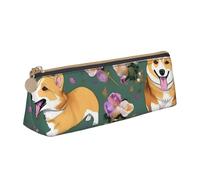 BREAUX Corgi Floral Flowers print Triangle leather stationery storage bag, fit for travel and cosmetics storage