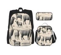 BREAUX Cute Sheep Lamb print Minimalist Backpack Three Piece Travel Backpack Set Adjustable Shoulder Bag, Black, One Size