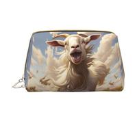 BREAUX Goat Frolic Print Leather Portable Cosmetic Bag, Portable Cosmetic Clutch Bag, Leather Cosmetic Bag (Small), White, One Size